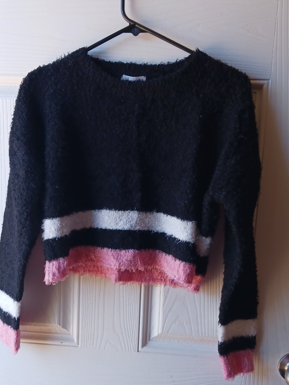 Self Esteem Black Fuzzy Crew Sweater with Pink & White Stripes